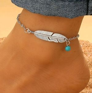 Vintage Zinc Alloy Turquoise & Feather Anklet for Daily Decoration